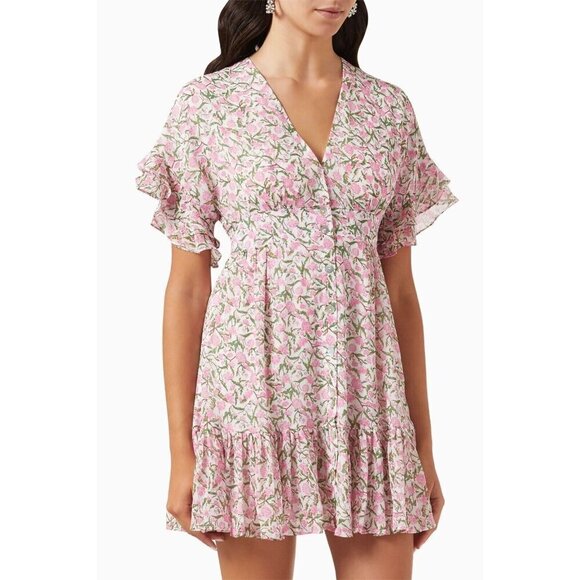 Minkpink White Pink Liberty Flowy Sleeves Elastic Waist Mini Dress Womens Size S - Picture 1 of 6